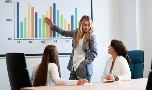 A woman in a gray suit is presenting a bar graph displayed on a screen to two colleagues seated at a conference table. The graph shows multicolored bars for different categories, and the room appears to be a modern office setting.