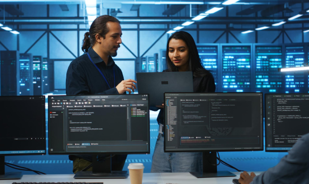 Man and woman studying data on a laptop in a data center.