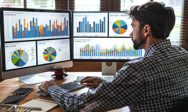 A man is sitting at a desk in front of multiple computer monitors displaying various colorful charts and graphs.