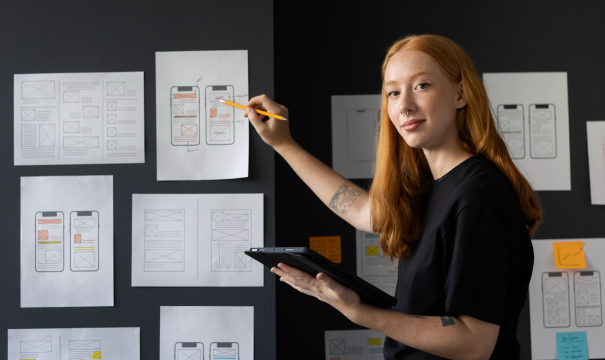 A person with long red hair is standing in front of a wall covered with mobile wireframe sketches. They are holding a tablet in one hand and pointing at one of the wireframes with a pencil. They are wearing a black shirt and appear to be in a design workspace.