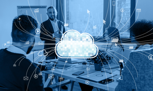 A group of people in a modern office participate in a meeting with a man standing and gesturing near a whiteboard. Overlay graphics depict a central cloud icon with various connected devices and applications, representing cloud computing and data connectivity.