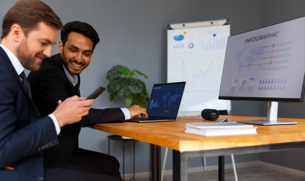 Two men in business attire are sitting at a table with laptops and a phone. One man is smiling at his phone, while the other is working on a laptop. A monitor with an infographic and a whiteboard with charts are in the background. 