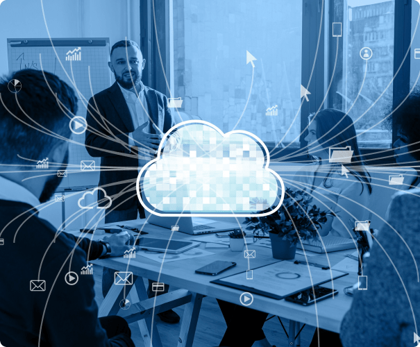 A man in a suit presents to colleagues in an office, with a large cloud icon and various technology and communication symbols superimposed over the image, representing cloud computing and data sharing. The room has large windows and is well-lit.