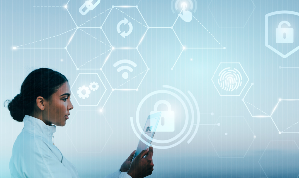 A woman stands holding a tablet, looking at its screen. Various security and technology-related icons, such as padlocks, gears, and a fingerprint, are displayed in front of her, forming a hexagonal pattern on a light blue background.