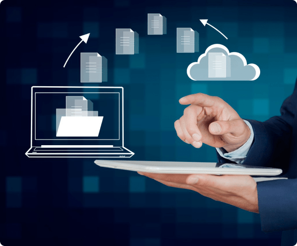 A person uses a tablet with an illustration of files transferring from a laptop to a cloud above it, symbolizing cloud storage or data transfer. The background is a digital, blue, pixelated gradient.