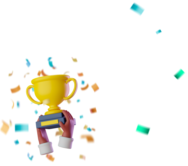 A pair of hands holding a golden trophy is surrounded by colorful confetti in the air against a transparent background.