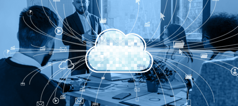 A team of people in a meeting room are attentively listening to a presenter standing near a window. The image has a blue tint and features a superimposed cloud icon at the center, with various data and communication icons emanating from it, representing cloud computing.