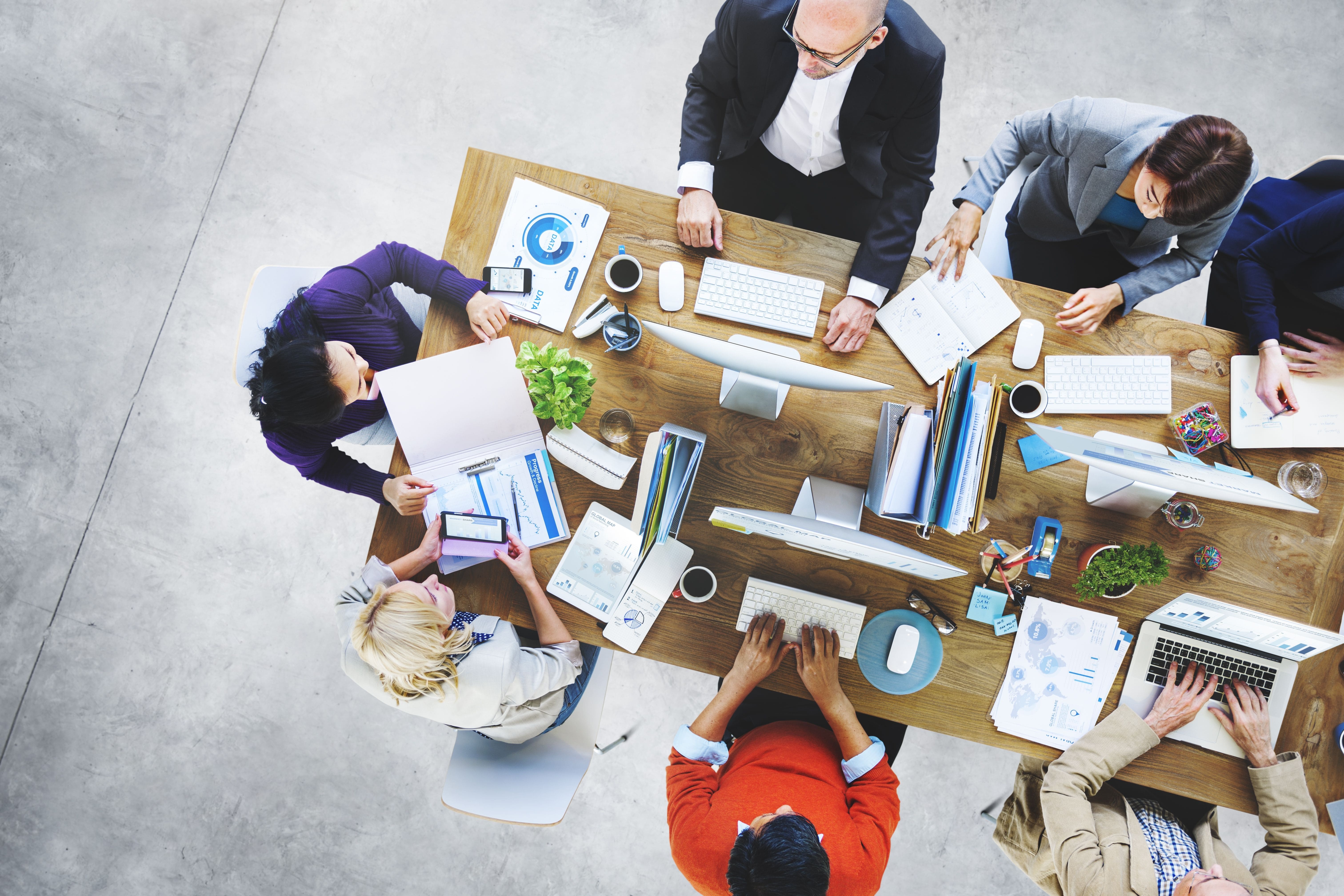 A diverse team collaborating in a modern office with laptops, desktops, and data reports, showcasing Microsoft Solutions for SMBs to boost productivity.